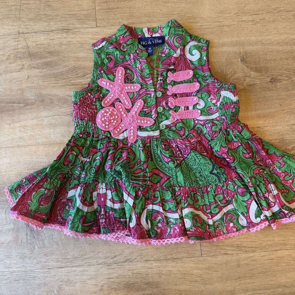 Fig & Vine Girls Tiered Dress XS 4/5 Starfish Pink Green Paisley Beach Preppy